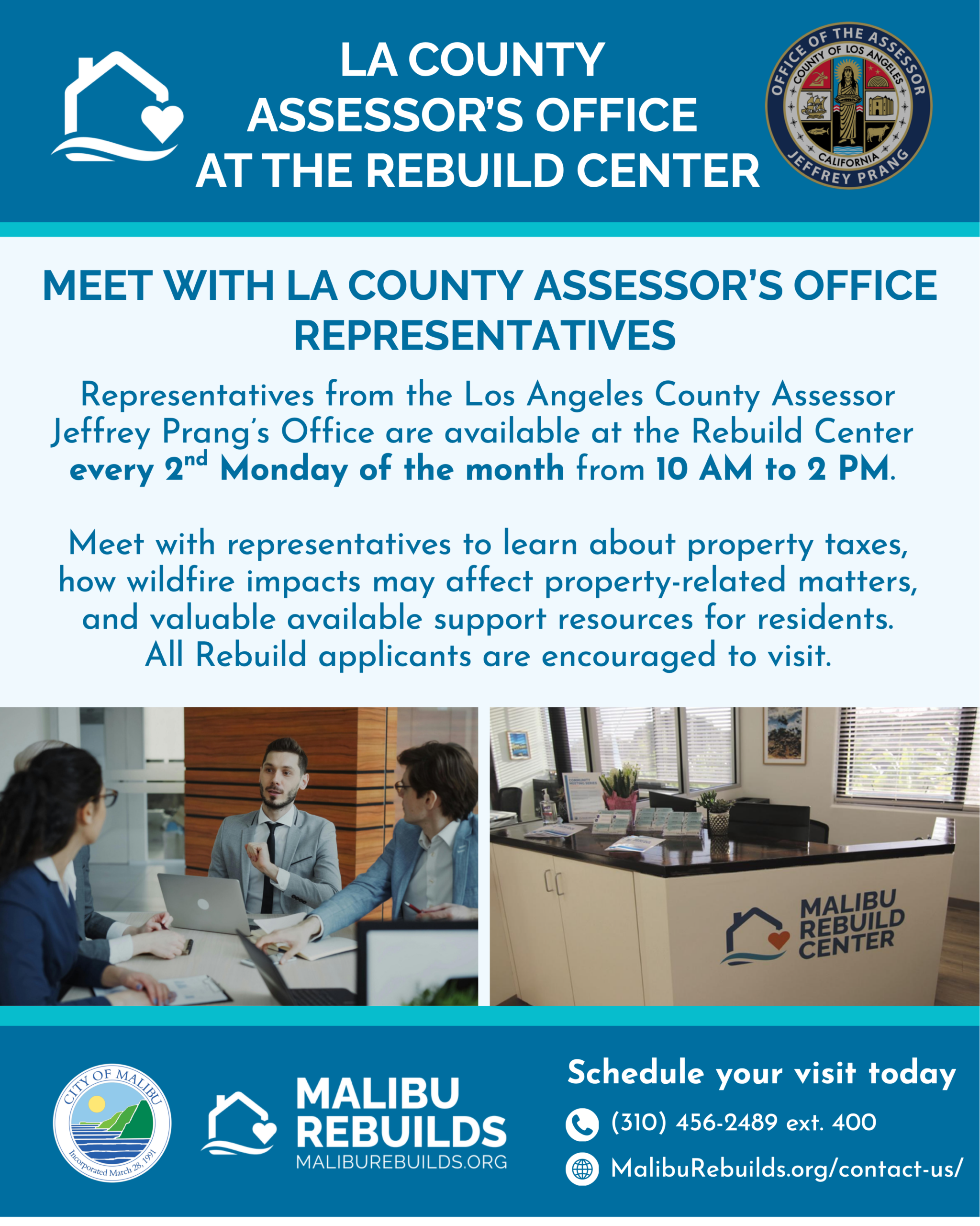 Event flyer for LA County Assessor's Office at the Rebuild Center. To schedule a visit, call (310) 456-2489 ext. 400 or visit MalibuRebuilds.org/contact-us.