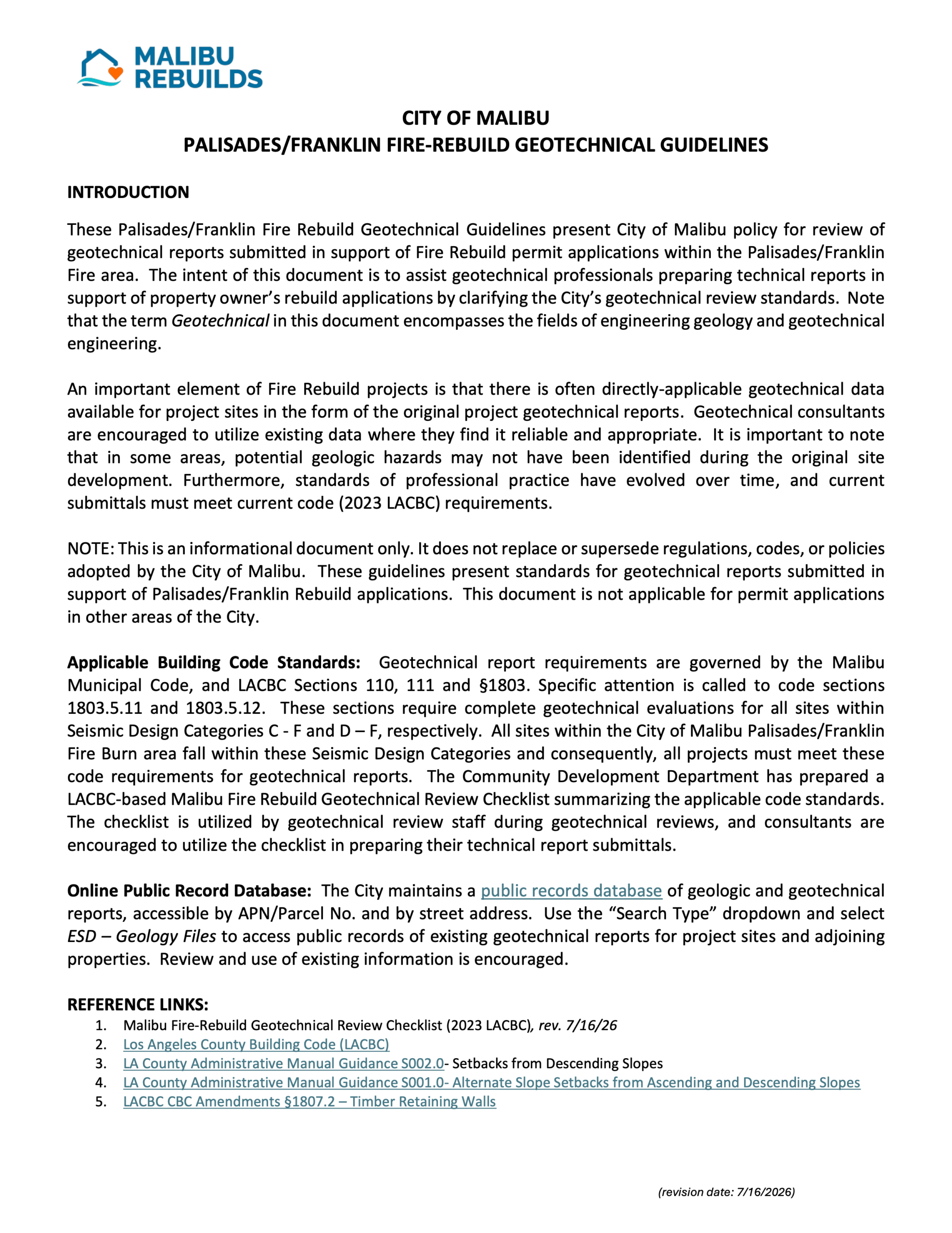 Malibu Fire Rebuild Geotechnical Guidelines